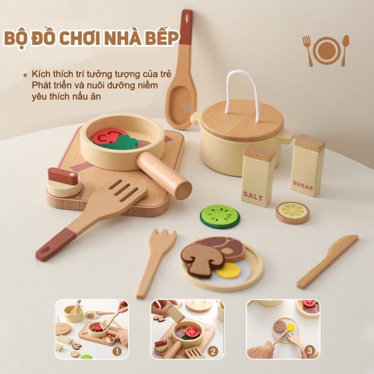 Bộ đồ chơi nhà bếp bằng gỗ nhỏ xinh gọn gàng cho bé