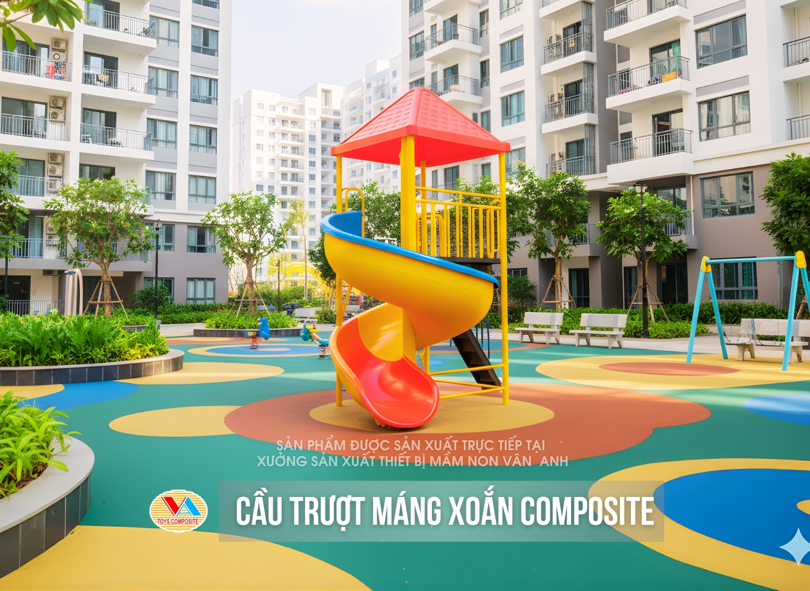 Cầu trượt xoắn CT-025 khi kết hợp với mô hình quán cà phê, khu vui chơi nhỏ giúp giữ chân gia đình có trẻ em lâu hơn