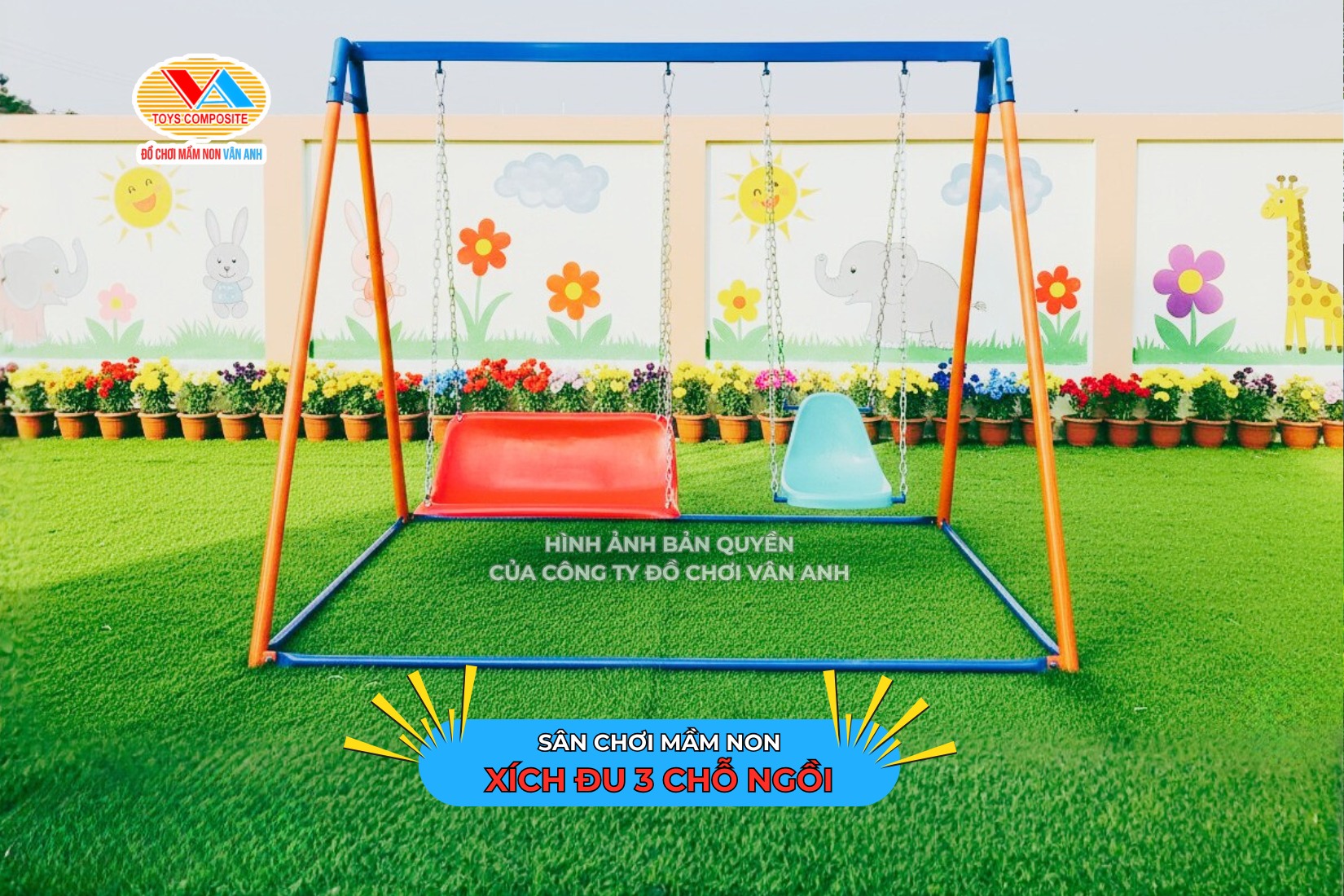 Xích đu 3 chổ ngồi một trong các sản phẩm trong bộ thiết kế sân chơi mầm non trọn bộ tối ưu chi phí tại Vân Anh