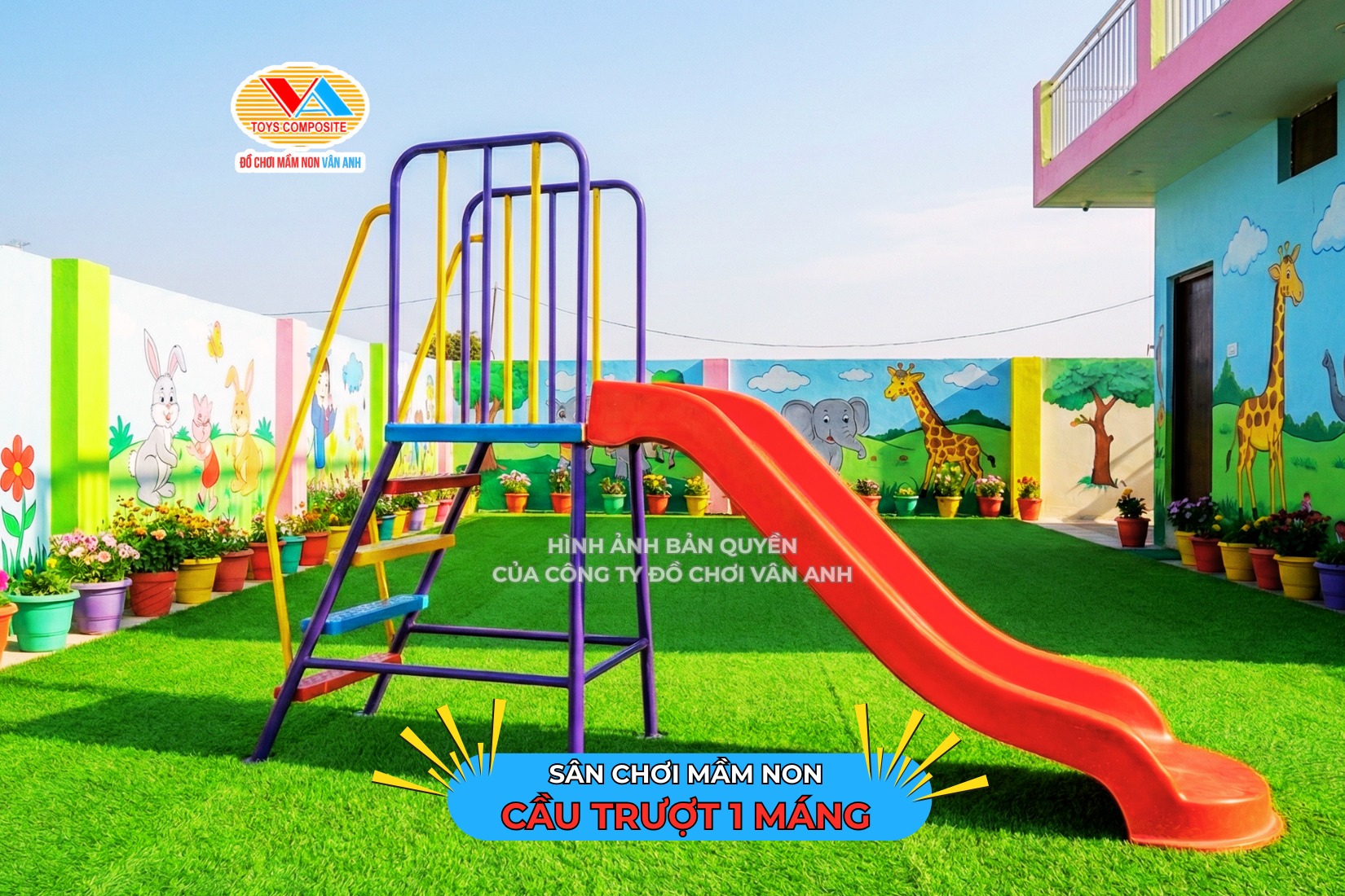 Cầu trượt một máng một trong các sản phẩm trong bộ thiết kế sân chơi mầm non trọn bộ tối ưu chi phí tại Vân Anh