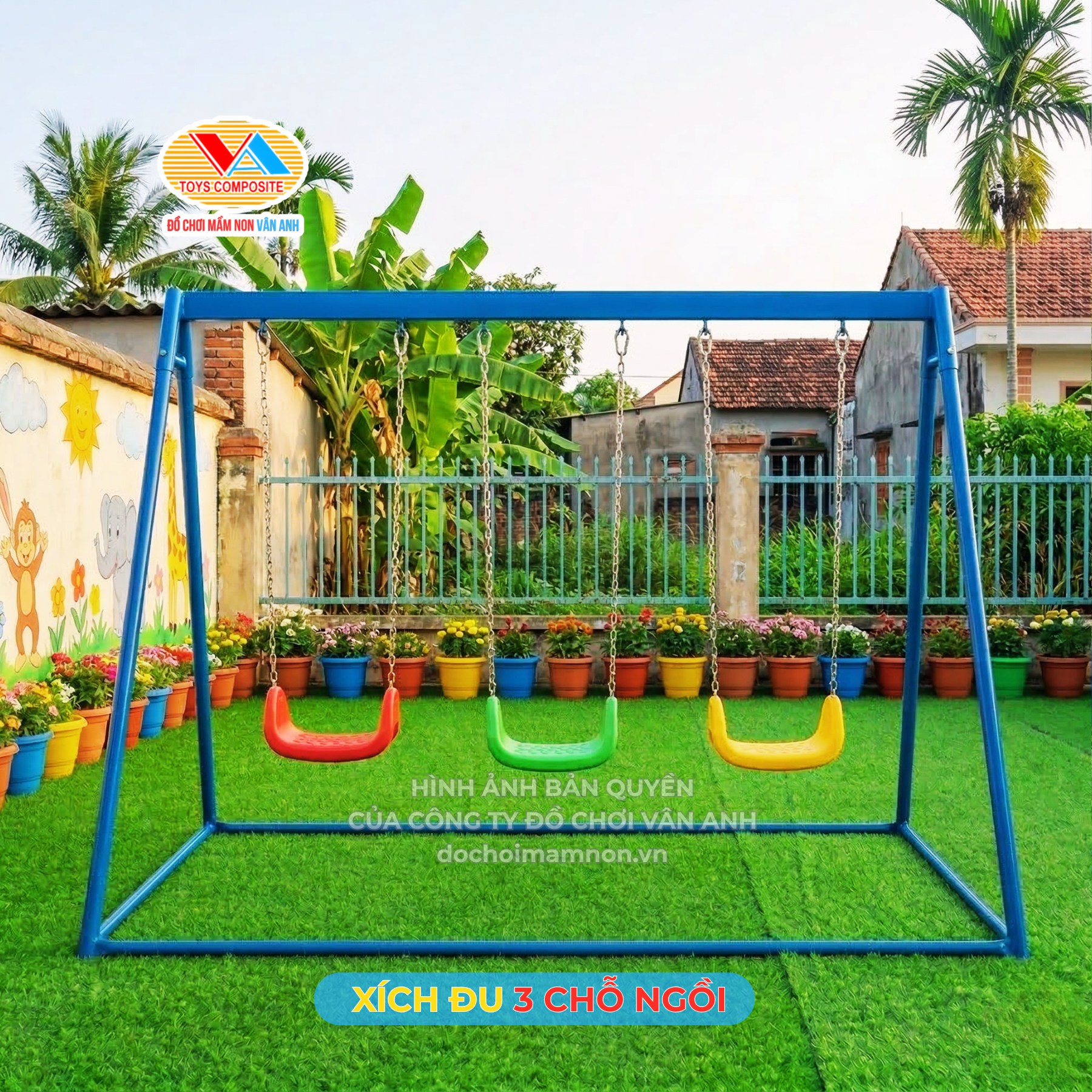 Xích đu mầm non 3 chỗ ngồi Vân Anh khung thép sơn tĩnh điện
