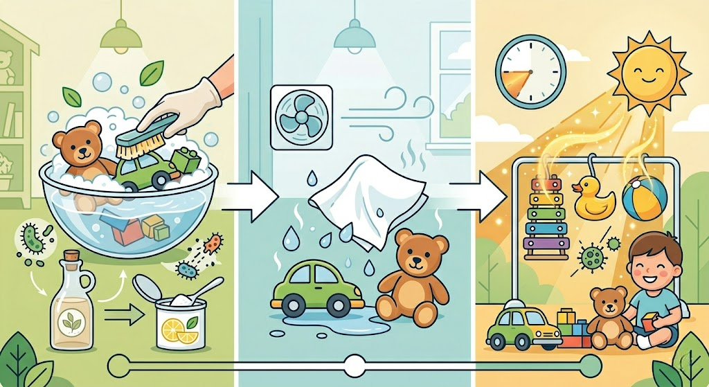 Quy trình 3 bước vệ sinh đồ chơi chuẩn y khoa: làm sạch bằng nguyên liệu tự nhiên, khử khuẩn không hóa chất và phơi khô triệt để dưới nắng mai