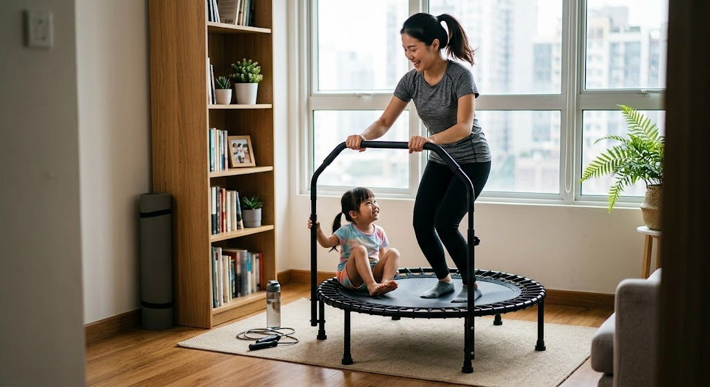Bạt nhún Trampoline mini thiết kế nhỏ gọn kèm tay vịn, lý tưởng để tập thể dục và vui chơi an toàn ngay trong không gian hẹp