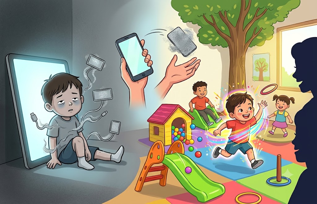 Khi trẻ được chạy nhảy, leo trèo và vận động đúng nhu cầu, cơ thể sẽ tự tìm thấy niềm vui từ hoạt động thực tế thay vì phụ thuộc vào màn hình điện thoại để giải trí.