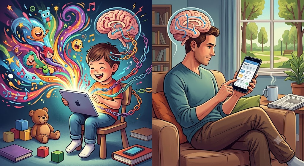 Trẻ nhỏ bị 'kích thích liên tục' của màn hình trong khi người lớn dùng nó làm công cụ chủ động.
