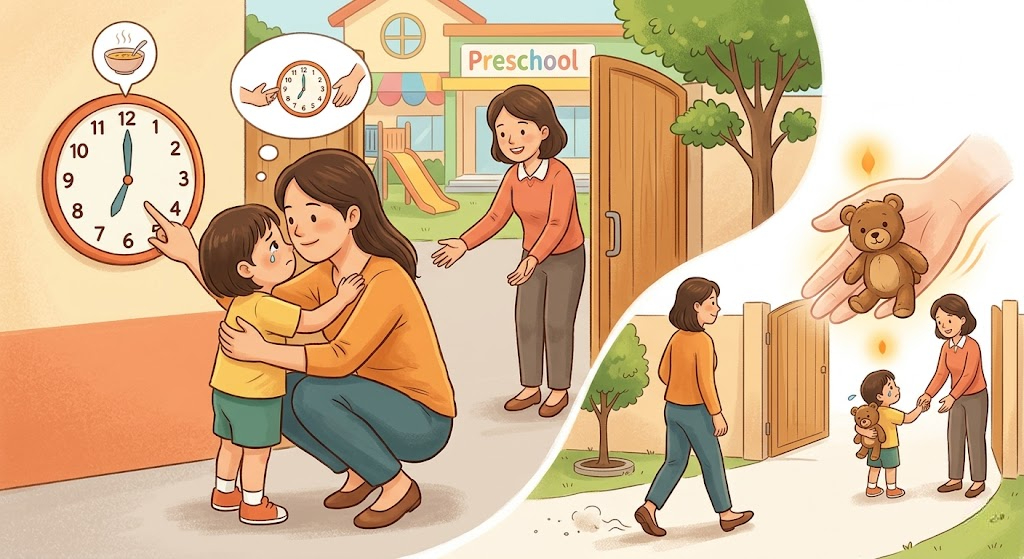 Sử dụng lịch trình trực quan (như đồng hồ) để tạo thói quen. 2. Cung cấp cho bé một vật dụng an ủi (như gấu bông) để mang lại cảm giác an toàn