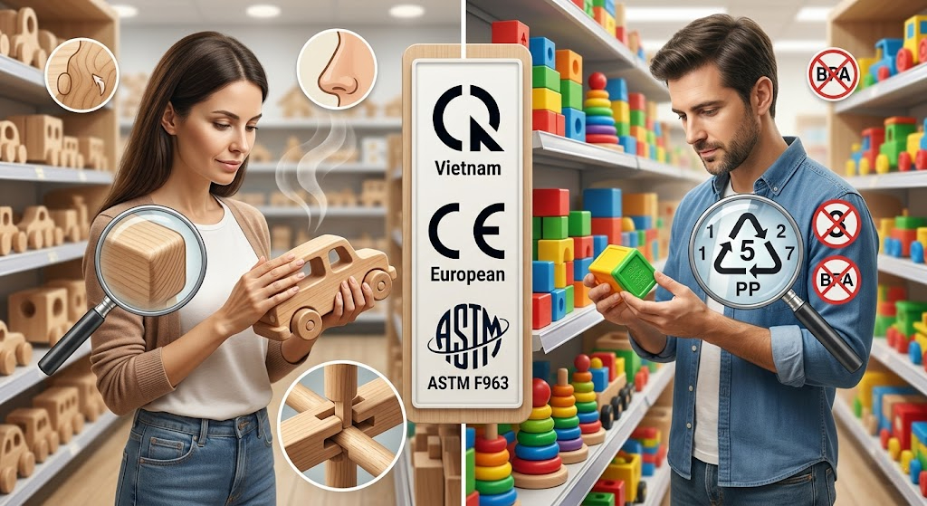 Trở thành cha mẹ thông thái: Bỏ túi ngay bí kíp dùng giác quan kiểm tra chất liệu gỗ và 'đọc vị' ký hiệu nhựa, tem kiểm định để chọn đúng đồ chơi an toàn cho bé yêu!