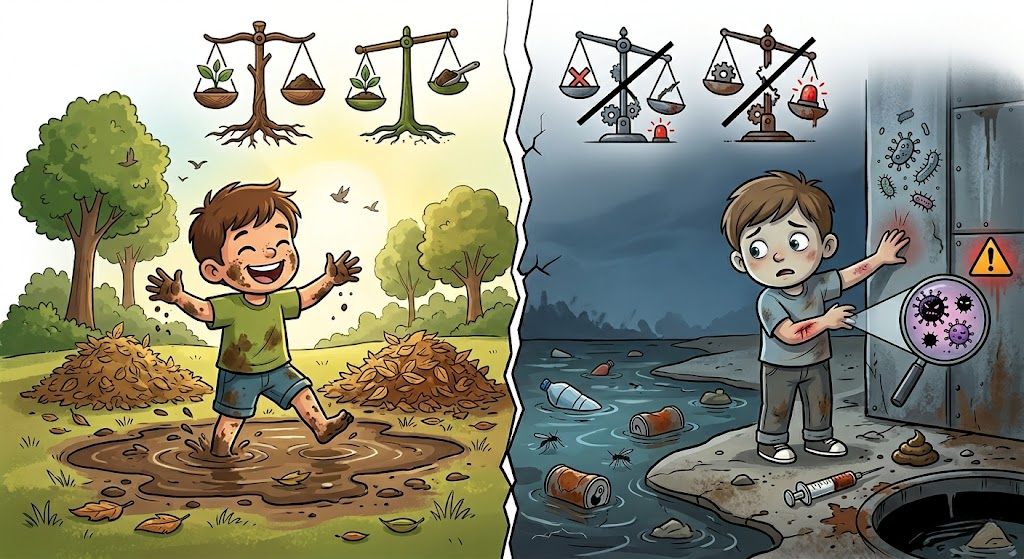 Hãy phân biệt rõ 'bẩn tự nhiên' giúp rèn luyện miễn dịch và 'bẩn độc hại' mang mầm bệnh nguy hiểm để bảo vệ sức khỏe an toàn.
