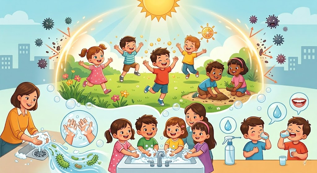 Vui chơi tự do để rèn luyện miễn dịch, vệ sinh đúng cách để ngăn chặn vi khuẩn – Lá chắn vững chắc bảo vệ trẻ phát triển khỏe mạnh mỗi ngày