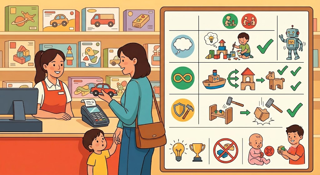 Chỉ cần 30 giây với 3 câu hỏi cốt lõi, ba mẹ có thể chọn đúng đồ chơi vừa kích thích phát triển, vừa an toàn và bền bỉ cho trẻ.