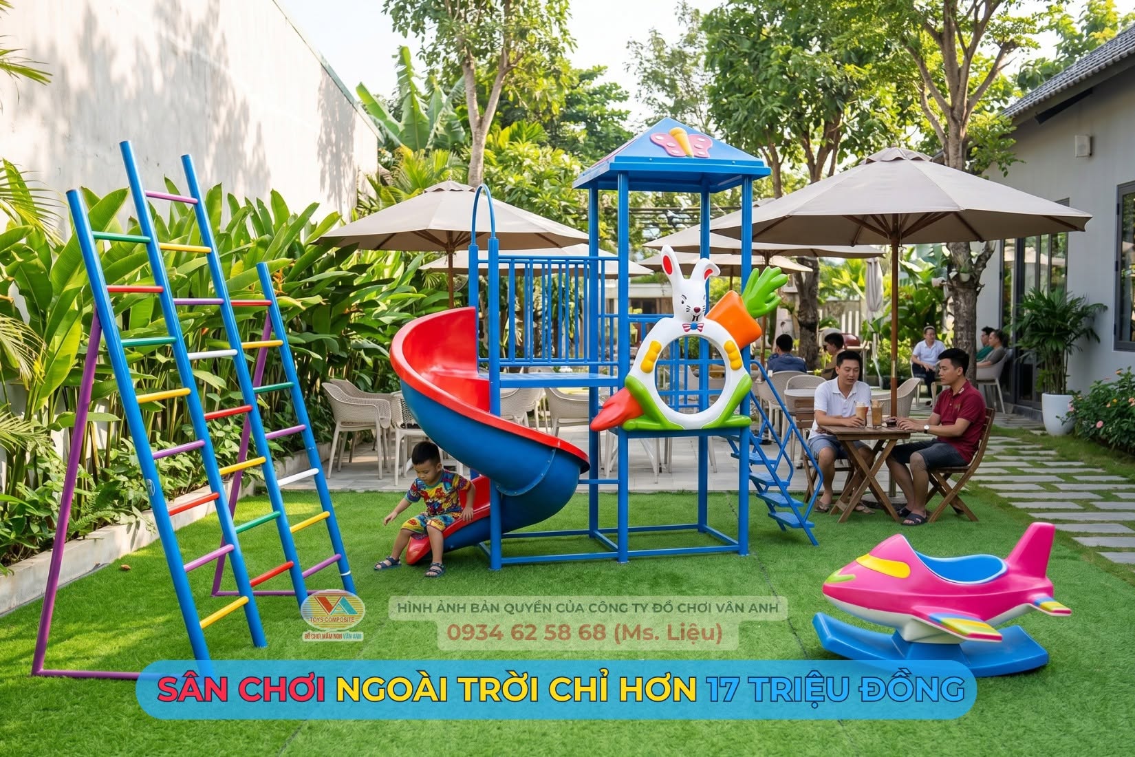 Một phương án bố trí sân chơi nhỏ kết hợp với không gian cafe, phù hợp với mô hình có khách hàng gia đình.